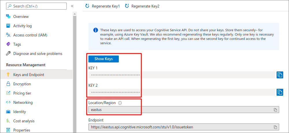 Azure resource keys, region, and endpoint