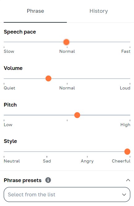 Synthesis settings: speech pace, volume, pitch, and style