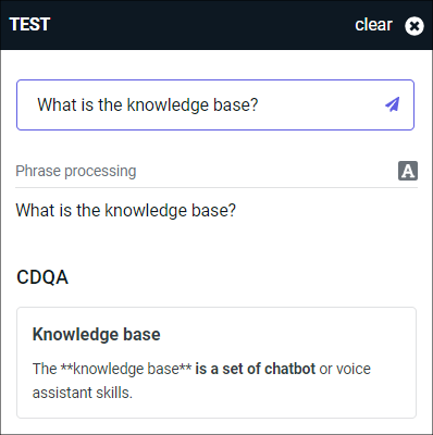 When prompted with the phrase “What is the knowledge base?”, the test widget a card with a CDQA response.