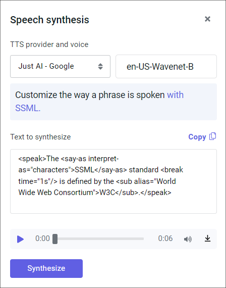 Speech synthesis test widget